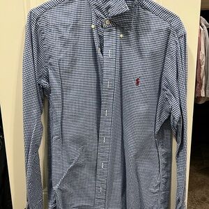 Ralph Lauren Men's Navy Plaid Gingham Button Down Shirt, Men’s Medium